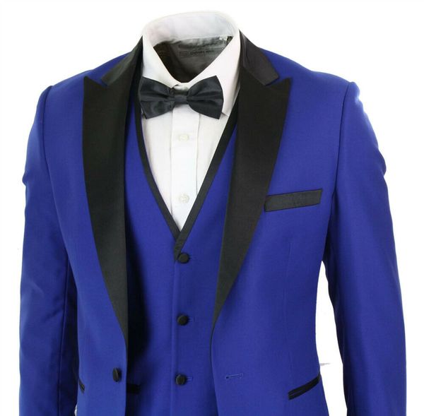 Abiti da uomo blu da uomo slim fit con un bottone e smoking con risvolto in raso nero, lavoro formale, ballo di fine anno, blazer da ufficio (giacca + gilet + pantaloni)