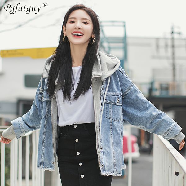 

2019 new spring hoodies coat women hooded outerwear casual long sleeve denim jackets contrast color jeans coats outwear overcoat, Black;brown