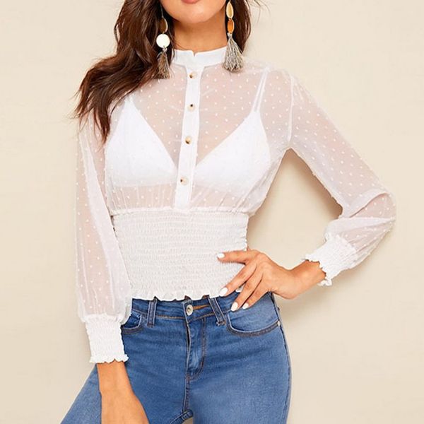 

blusa transparente mujer new women stand collar perspective buttons long sleeve blouse shirt camisas mujer 2019 elegante @45, White