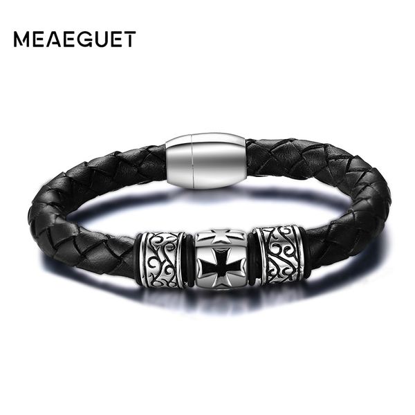 

vintage men's braided genuine leather bangles stainless steel knights cross bracelet, Golden;silver