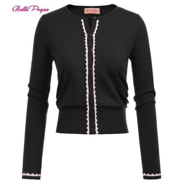 

belle poque fashion women's sweater long sleeve crew neck buttons from stripe placket contrast color cardigan knitwear black, Black;brown