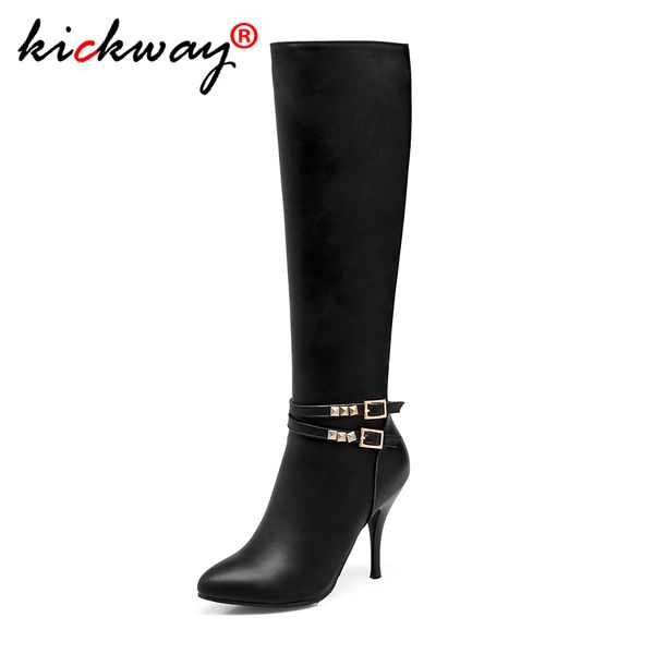 

new women's winter boots pointed toe knee high boots zipper keep warm snow fashion platform shoes woman plus size 34-43, Black