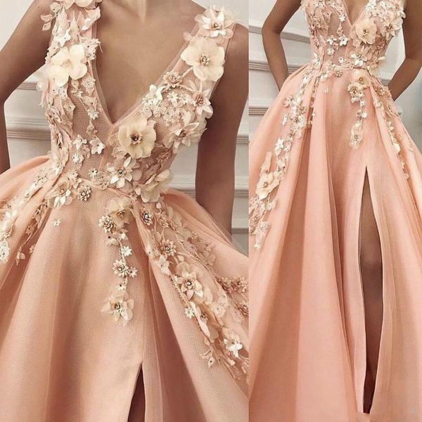

Peach Prom Dresses 2019 V Neck Hand Made Flowers 3D Side Slit Tulle Floor Length Evening Dresses Gowns Pink Women Dresses