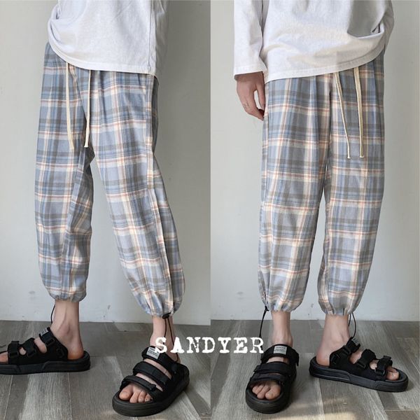 

summer thin cotton plaid pants men's fashion retro contrast color casual pants men streetwear wild loose straight m-5xl, Black