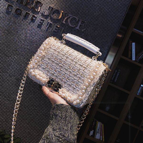 

designer new women chain simple messenger bag pearl trend large capacity shoulder bag lady winter woolen handbag//#