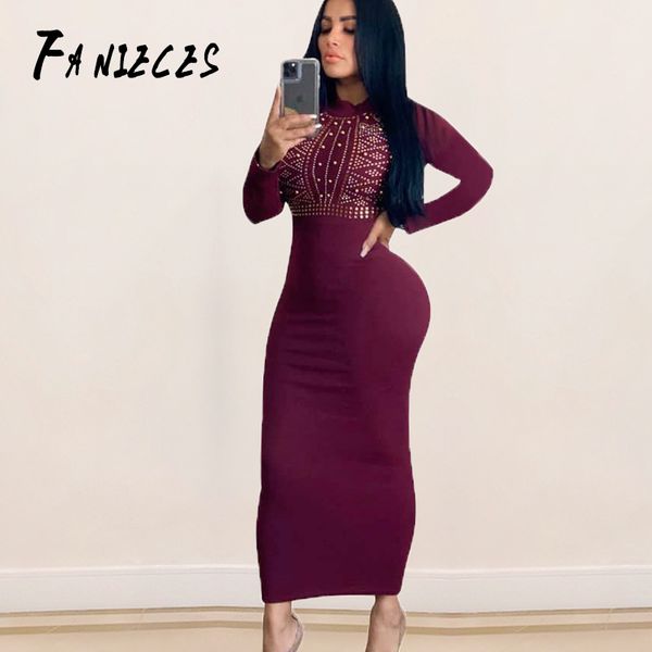 

club party dress women autumn winter diamondmidi dresses high waist bodycon long woman sleeve ropa mujer vestidos de verano, Black;gray