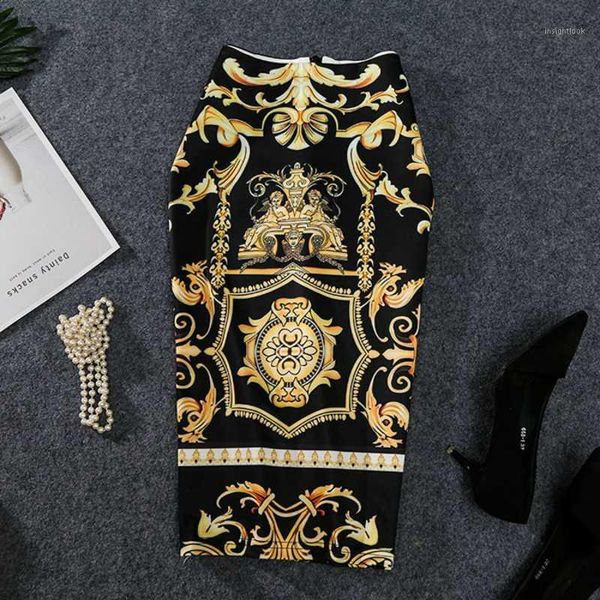 

2020 new-coming european women summer print pencil skirt high stretch abstract pattern midi slip hip skirt female1, Black