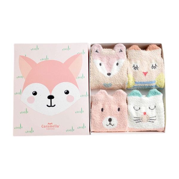 

4pair/box soft warm centipede yarn floor socks women ladies cartoon animal pattern short socks for home travel supplies e65d, Pink;yellow