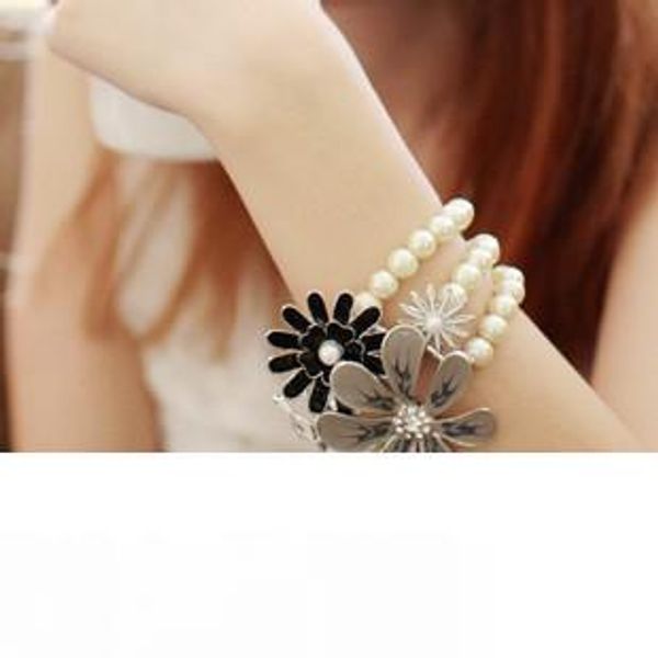 

горячие новые жемчужные браслеты элегантные цветы многослойный браслет широкий браслет корейская леди сладкие украшения ювелирные изделия 32, Black