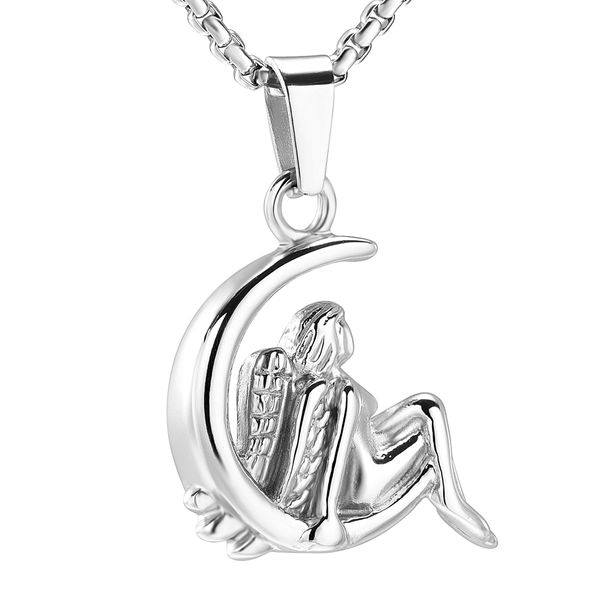 

memorial urn jewelry pendant moon angel stainless steel cremation necklace for ashes for women keepsake, Silver