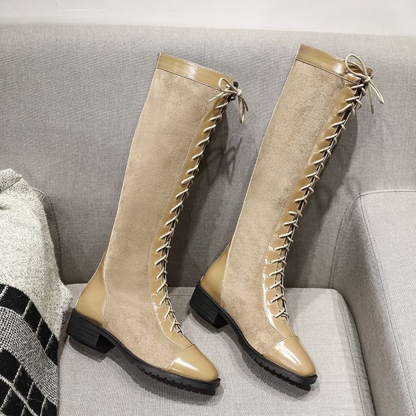 

chunky heel back zip women's winter high boots bootee woman 2019 lace up booties ladies shoes zipper round toe med shoes, Black