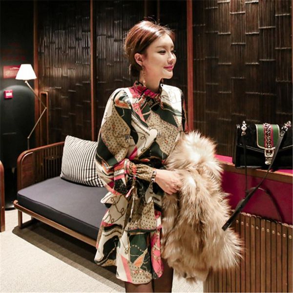

2020 spring korean designer runway women dress elegant ladies vintage mini dress print long sleeve lace-up dress vestidos, Black