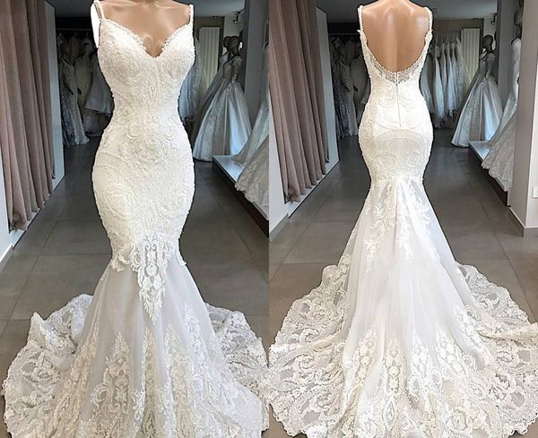 

mermaid lace wedding gowns dresses backless appliques spaghetti straps modest sweep train trumpet arabic beach bridal gown custom made, White