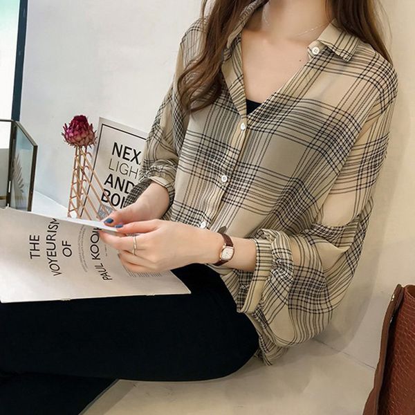 

plus size women plaid printed shirt long sleeve button blouse loose office, White