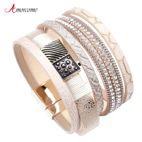 

amorcome leather bracelets for women rhinestone crystal metal charm multilayer wide bracelets & bangles femme jewelry, Golden;silver