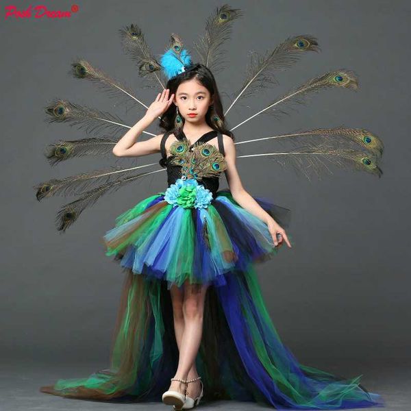 

posh dream girl peacock flower party tutu dresses for halloween with train tulle peacock princess children party evening dress, Red;yellow