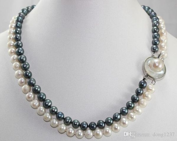 

latest design 2 rows 8-9mm white and black cultured freshwater pearl necklace, Silver