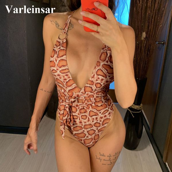 

new 2019 women swimwear brown printed backless one piece swimsuit female bather v neck bathing suit swim wear v1458, White;black