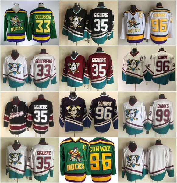 

Mighty Ducks Jersey 33 Greg Goldberg 35 Sebastien Giguere 96 Charlie Conway 99 Adam Banks Hockey Jersey The Anaheim Ducks Men Movie Jersey