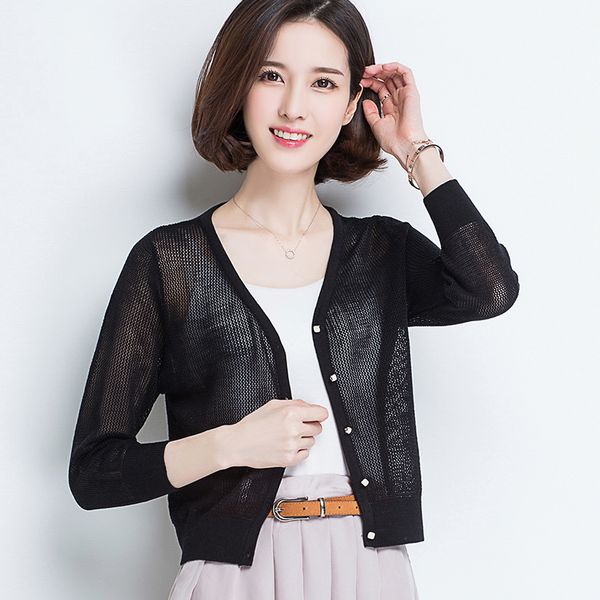 

summer cardigan thin knit crop women short fashion hollow sunproof outerwear three quarter sleeves air-conditioned jacket, White