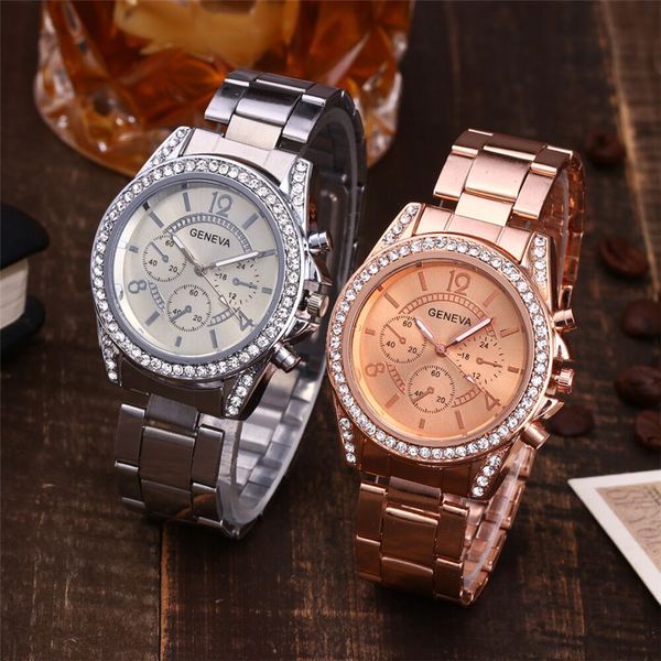 

luxury geneva brand women's watches fashion 2019 casual couple watch stainless steel quartz ladies wristwatches, Slivery;brown