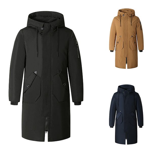 

2019 winter new men mid-length zipper pocket design solid color hood down coat with hat winter coat down jacket men, Black