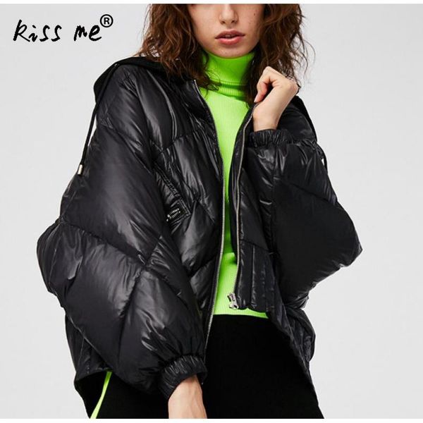 

2019 winter jacket women loose short down coat white duck down jacket thick warm parka snow outwear with siamese cap pocket, Blue;black