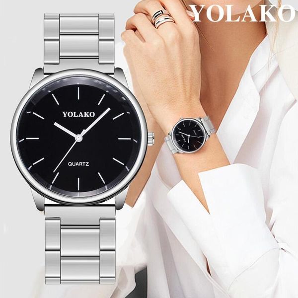 

yolako ladies watch black minimalism dial women's watch steel chain strip fashion sliver bracelet quartz wirstwatch, Slivery;brown