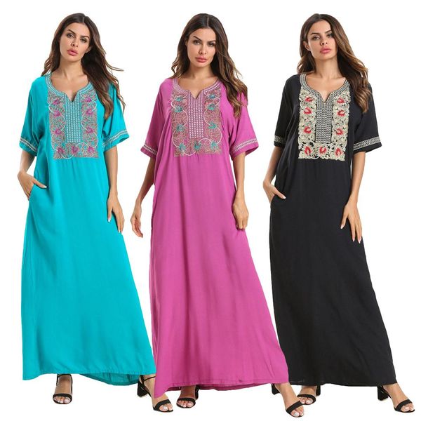 

ethnic abaya women muslim dress embroidery loose party cocktail kaftan short sleeve turkey islamic clothing dubai arab dresses, Red