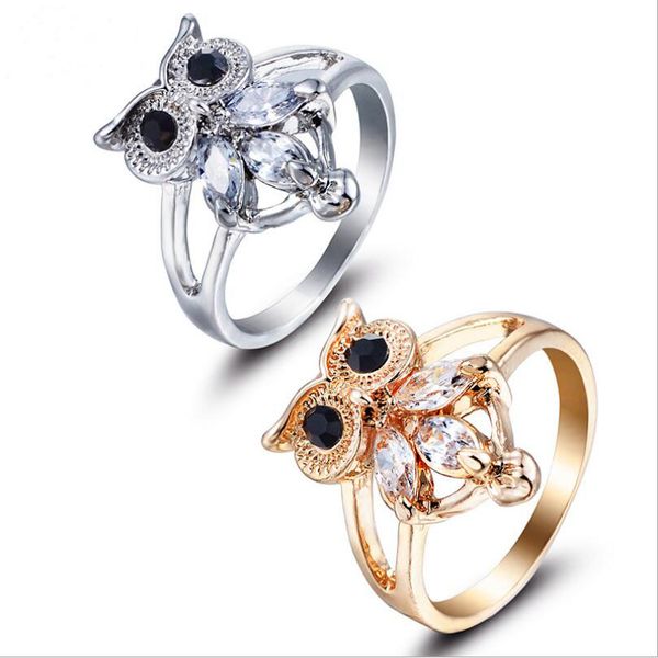 

элегантная женская мода циркон сова кольцо подарок золото серебро сплав животных моделирование кольцо ювелирные изделия размер 6 ~ 9, Golden;silver