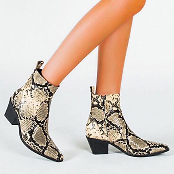 

women's leather boots fashion pointed toe snake print boots women winter 2019 versatile square heel ankle for women, Black