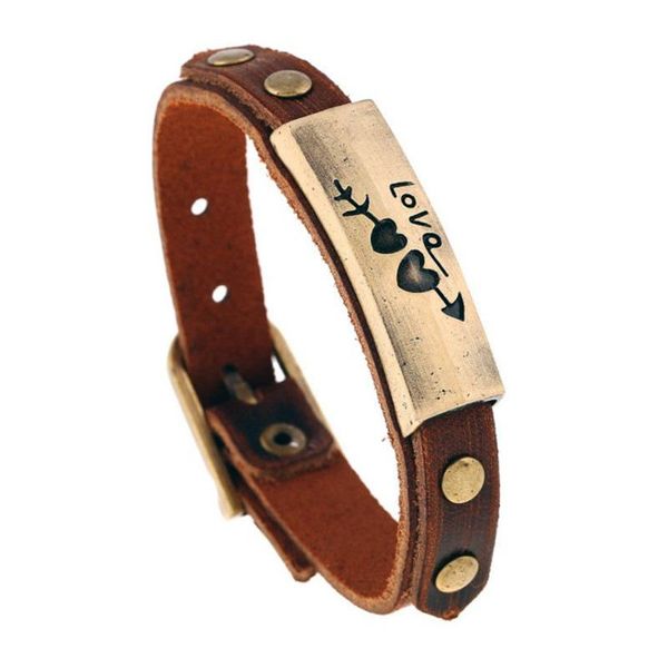

fashion love sweet heart id rivet brown leather bracelet retro punk concise mens bangle cuff wristband adjustable jewelry gifts for boys, Golden;silver