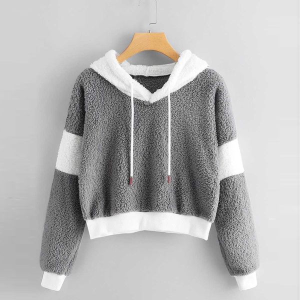 

autumn crop hooded sweatshirt women fluffy drawstring long sleeve patchwork hoodies sweatshirt sudadera mujer moletom 2019, Black