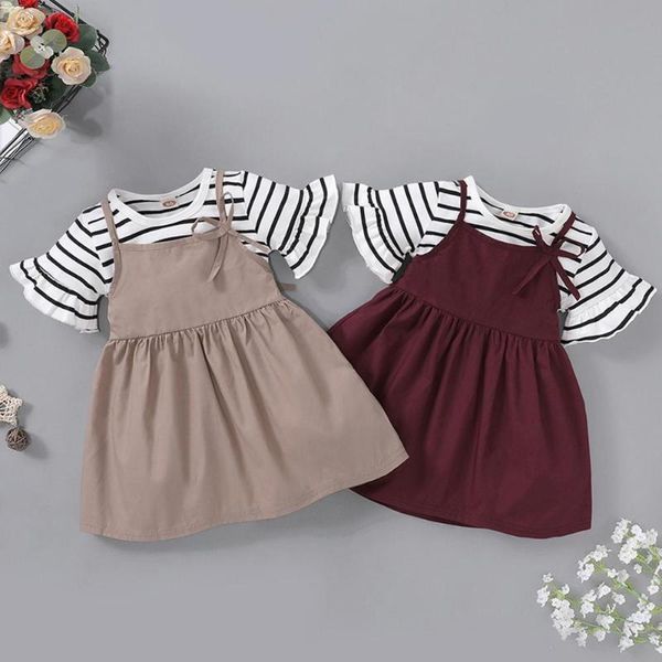 

toddler baby girls clothes flare sleeve striped t-shirt +solid color suspender skirts outfits infant girl clothes summer xy2, White
