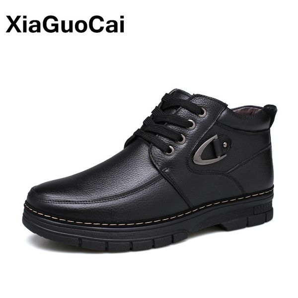 

winter men ankle boots genuine cow leather casual snow boots with fur platform male warm plush shoes classic father's footwear, Black