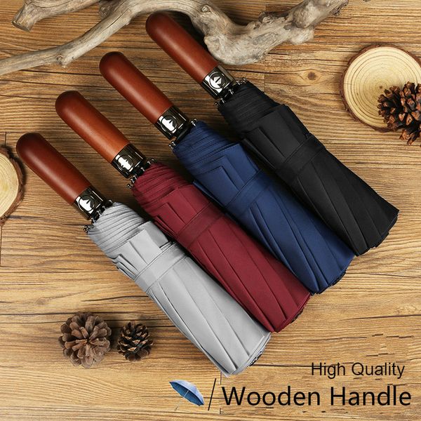 

10 ribs windproof double-layer umbrella male wooden handle automatic business sunshade men's umbrellas female parasol