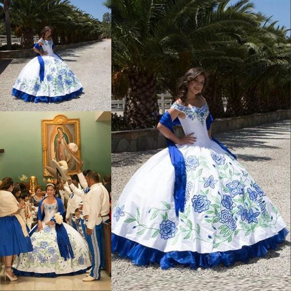 

white and blue embroidery quinceanera dresses 2020 off shoulder sweetheart neck long ball gown debutante dress vestido de 15 nos, Blue;red