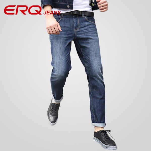 

erq men new mid-waist loose stratight jeans fashion big yards stretch leggings high-elasticity casual denim trousers pants 90101, Blue