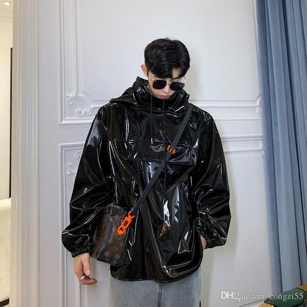 

2019 new korean fashion casual loose long locomotive jacket black imitation leather stand collar hooded leather jacket mens designer jackets, Black;brown