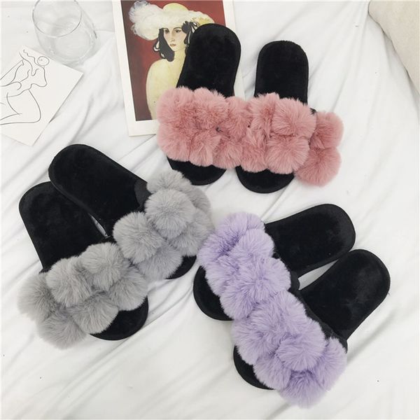 

shoes woman summer slippers hair slides female furry indoor flip flops casual beach sandals fluffy plush shoes#g2, Black