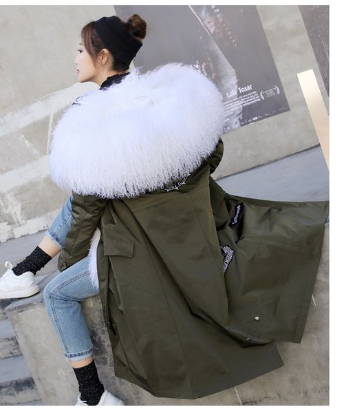 

2019 x-long parka winter jacket women real fur coat natural mongolia sheep fur thick warm parkas hood plus size streetwear, Black