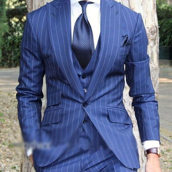 

blue striped men's wedding tuxedos peak lapel suits 3 pieces groom wear suits for wedding prom one button formal blazer (jacket+vest+pa, Black;gray