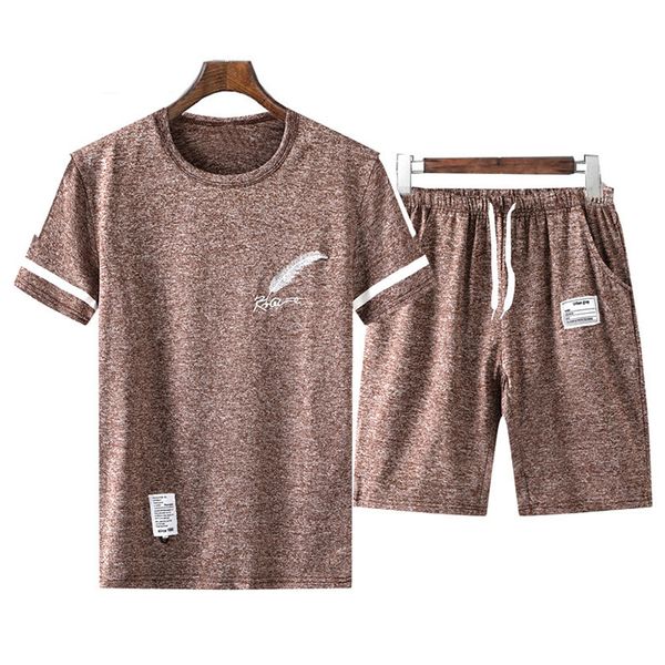 

2 sets men's sports set summer casual outfit wear feather print clothes short-sleeved fashion t-shirt + shorts, Gray