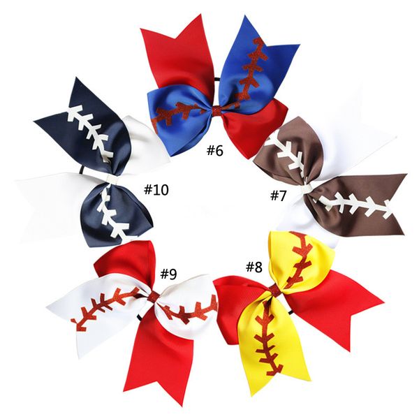 

10 color rugby bowknot dovetail hair bows softball baby headband girl baseball cheer hairbands cheerleading hair accessory ponytail holder, Slivery;white