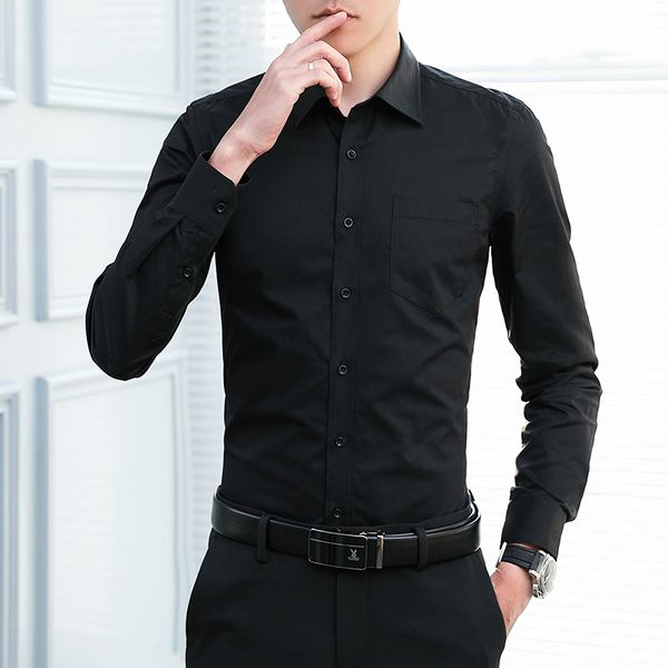 

men social long sleeve dress shirts cotton polyester turn-down collar simple fashion pocket black mens formal shirt big size 5xl, White;black