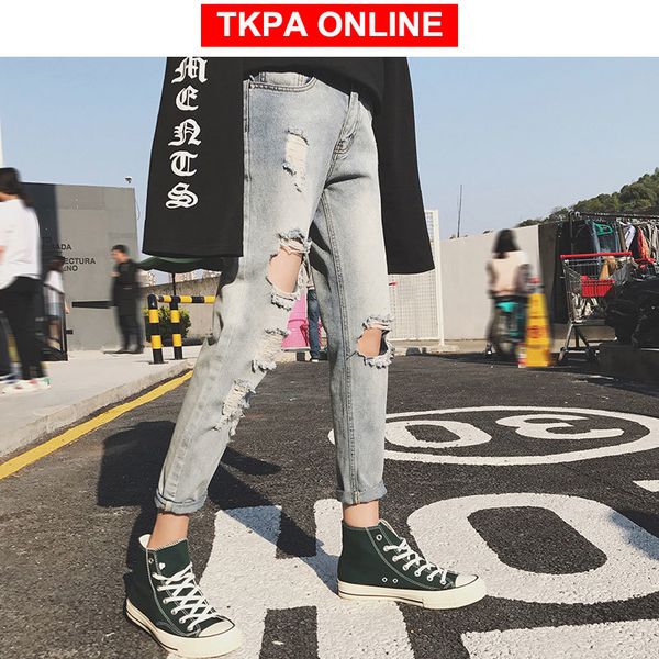 

skinny jeans men ripped hole streetwear 2020 mens distressed jeans slim fit male fashion blue denim pants