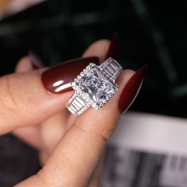 Originale argento 925 anelli di nozze d'argento di fidanzamento per le donne di lusso piazza T diamante simulato Platinum dimensioni gioielli 5-10