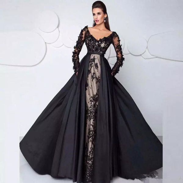 2019 Schwarze Abendkleider aus Spitze mit langen Ärmeln und abnehmbarer Schleppe in Übergröße, schulterfrei, Dubai-Abschlussballkleider, V-Ausschnitt, sexy Partykleid 4038