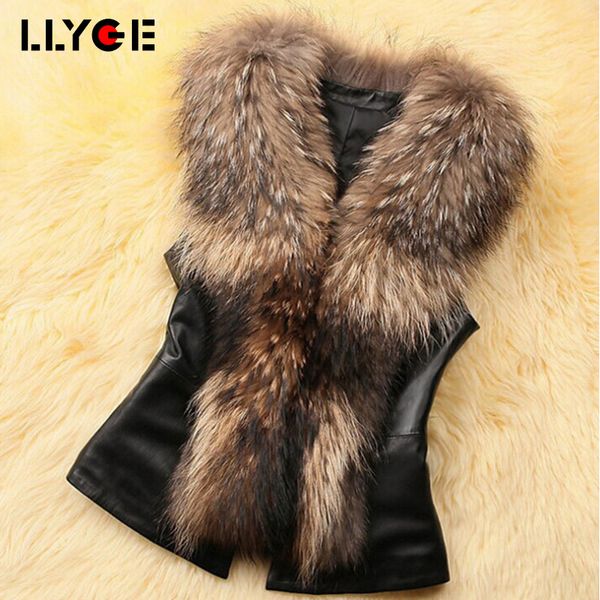 

llyge pu leather faux fur women winter coat 2018 casual plus size sleeveless faux fur collar vest winter fashion jacket coat, Black