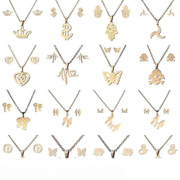 

16 стилей 316l нержавеющая сталь ювелирные наборы корона череп бабочка слон сердце кулон ожерелье серьги набор для женщин мода ювелирные изд, Silver
